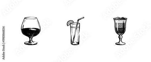 Alcoholic Beverages and Glassware Design Elements with Inky Brush Strokes and Hand-Drawn Sketchy Aesthetic
