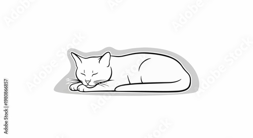Black and white line drawing of a cat sleeping peacefully on a gray cushion
