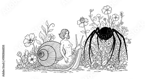 Fantasy snail woman and spider monster in blooming garden vector coloring page silhouette illustration