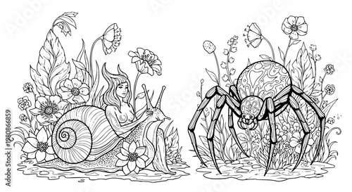Fantasy snail woman silhouette coloring page with spider monster in enchanted blooming garden illustration