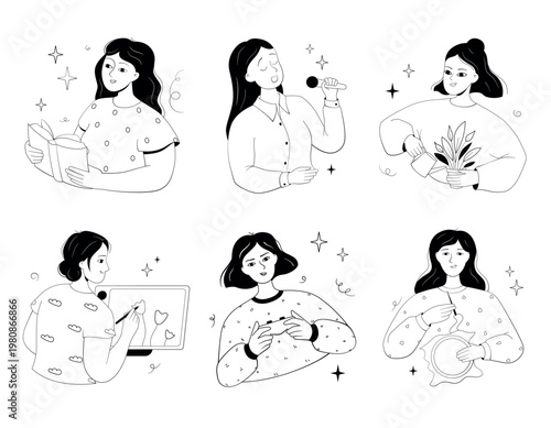 Hand drawn illustration set of hobbies: reading book, singing into microphone, caring for flowers, painting, gaming and embroidering. Line art design for lifestyle blogs and hobby themed branding.