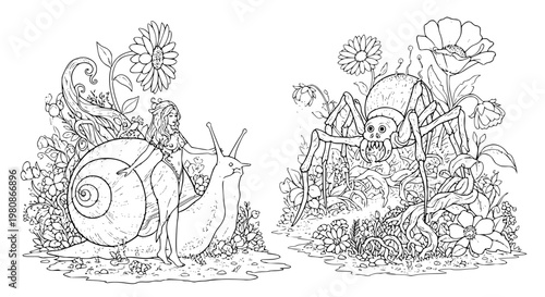 Surreal fantasy garden coloring page with snail woman hybrid and spider monster line art