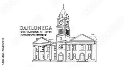Black and white line drawing of a historic courthouse with a clock tower