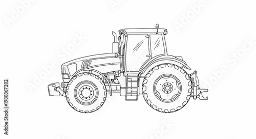 Black and white line drawing of a modern agricultural tractor