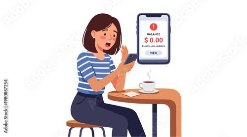 Minimal vector illustration of a woman reacting to zero balance notification on her smartphone in a cafe setting.