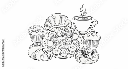 Assortment of pastries, fresh salad, and steaming coffee in a delightful sketch