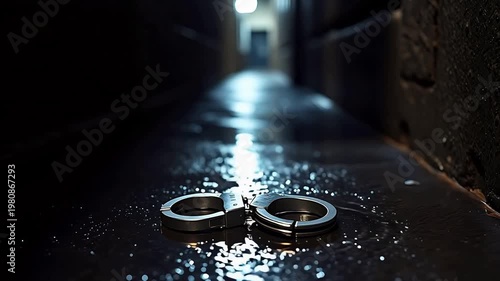 Handcuffs on wet ground in dark alley