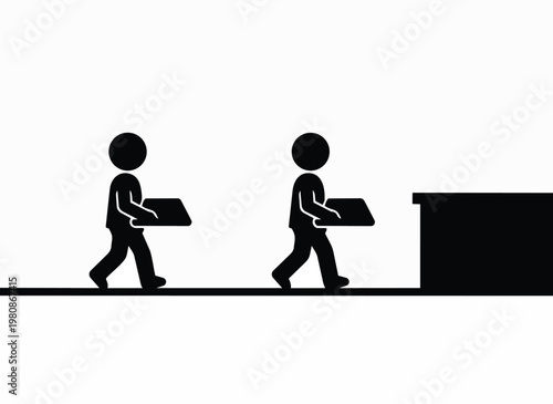 Two people carrying flat rectangular objects towards table teamwork delivery moving furniture assistance carrying boxes moving day concept.