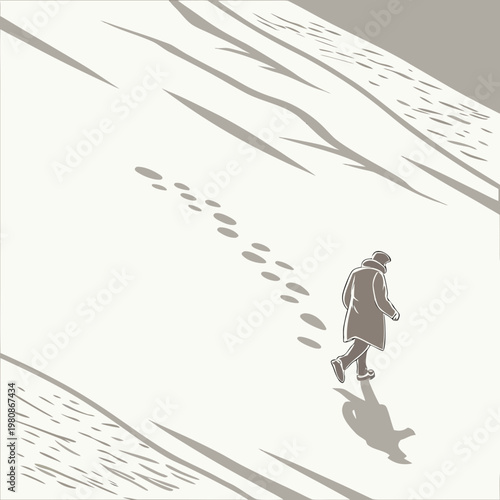 lonely man walking, snow landscape, winter scene, monochrome illustration