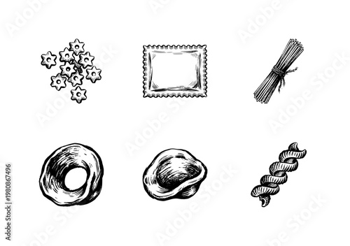 Italian Pasta Varieties and Traditional Flour Products with Inky Hand-Drawn Doodle and Fluid Calligraphic Outlines