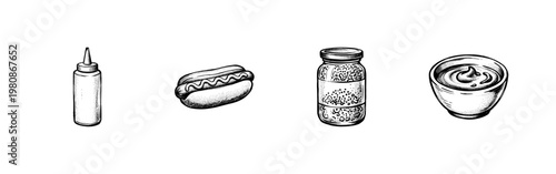 Hot Dogs and Condiment Assortment with Expressive Hand-Drawn Inky Doodle and Loose Calligraphic Fluidity