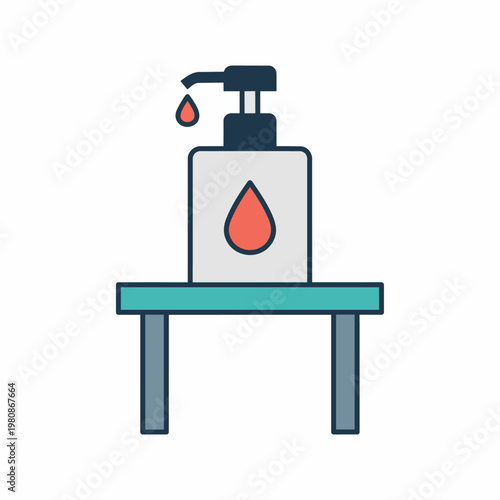 Hand sanitizer dispenser with drops on table.