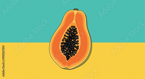 A sliced papaya on a colorful background, representing healthy food and tropical fruit