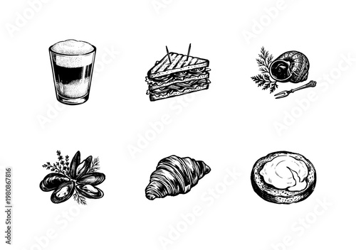 French Cuisine and Bistro Food Elements with Inky Doodle and Hand-Drawn Sketchy Style