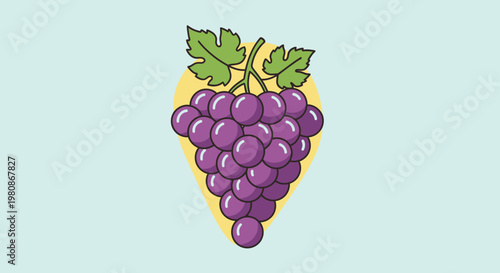 Fresh, ripe bunch of grapes, with green leaves,  positioned over a light color background, it is a vector art illustration