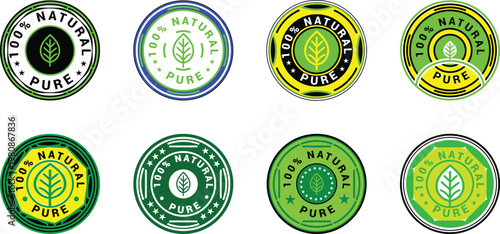 A Vibrant and Elegant Collection of Circular Natural Pure Organic Product Certification Badge Stamps Featuring Lush Green Botanical Leaf Designs for Premium Brand Identity and Eco-Friendly