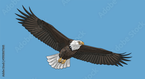 An eagle with outstretched wings soars through a clear blue sky