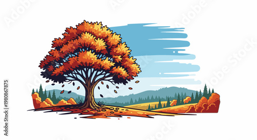Autumn tree with falling leaves in a picturesque landscape