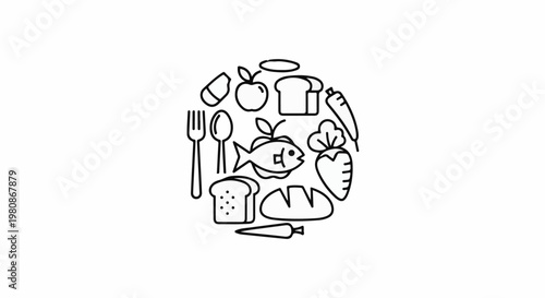 Assortment of simple line drawings of food items and cutlery arranged in a circle