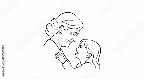 An elder woman gazes fondly at a young girl, their faces close