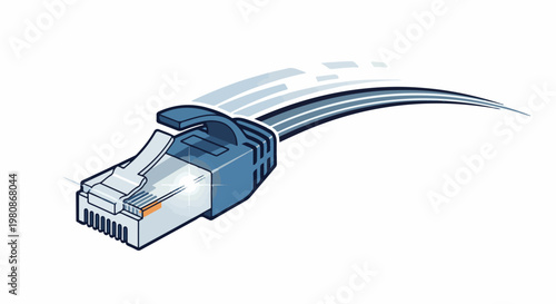 An isometric illustration of a blue ethernet connector with a stream of light