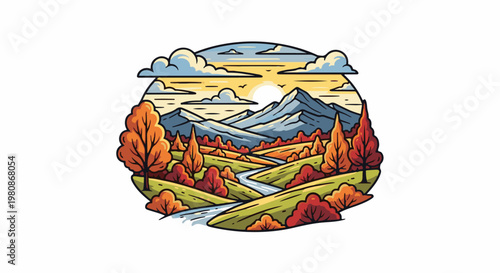 Autumnal landscape with mountains, river, and colorful trees under a cloudy sky