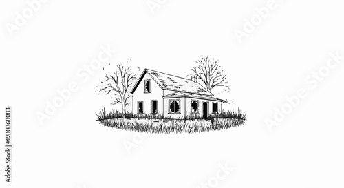 An old, desolate house with broken windows and bare trees