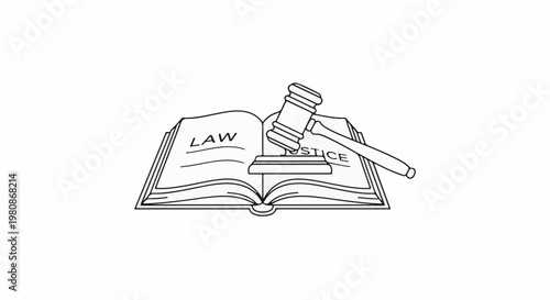 An open book with "LAW" and "STICE" written on its pages, and a gavel rests on top