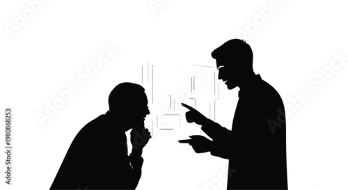 Two men in silhouette discussing business meeting in modern office space with cityscape background