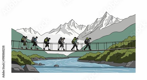 Backpackers cross a suspension bridge over a flowing river with snow-capped mountains