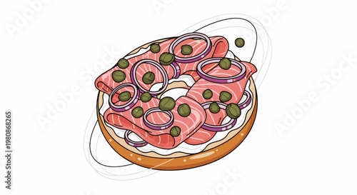 Bagel with cream cheese, salmon, red onion, and capers