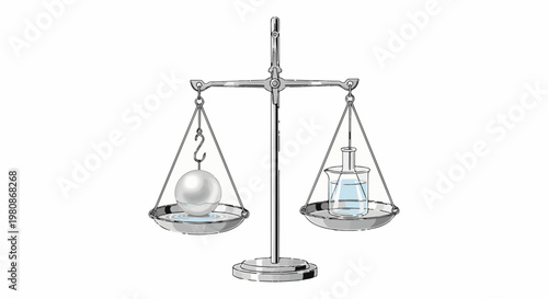 Balance scale shows a sphere and beaker of liquid on opposing pans