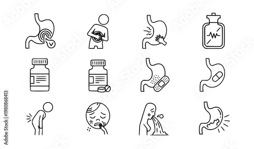 A set of vector icons illustrating stomach problems and medication