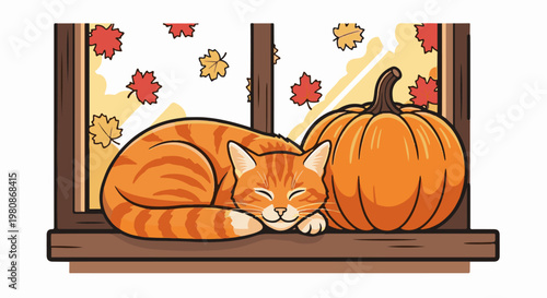An orange tabby cat sleeps peacefully next to a pumpkin on a windowsill in autumn