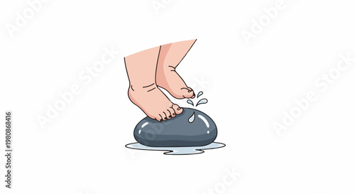 Bare feet stepping on a wet, smooth stone with water splashes
