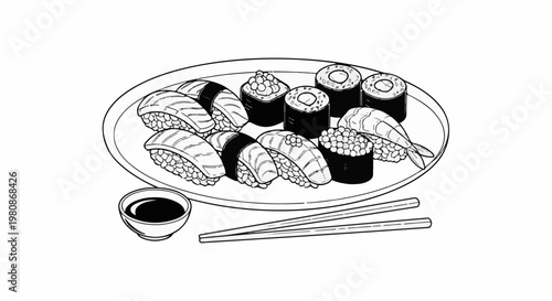 Assortment of sushi and rolls with chopsticks and soy sauce