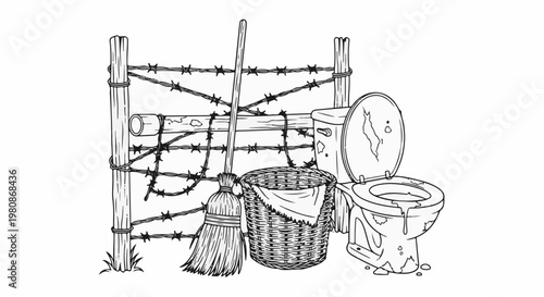 Barbed wire fence, broom, basket, and damaged toilet