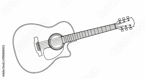 An outline drawing of an acoustic guitar with strings and tuning pegs