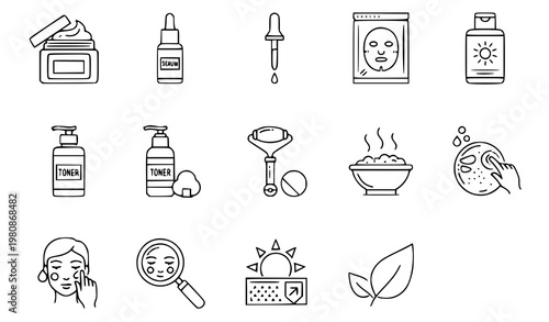 A set of minimalist line art icons representing various skincare and beauty products