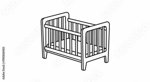 An outline drawing of a simple wooden baby crib with a mattress