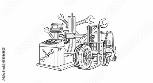 Automotive repair equipment, including a tire balancer and forklift