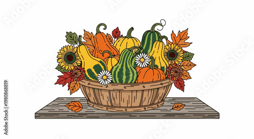 Autumn basket overflowing with gourds, sunflowers, chrysanthemums, and leaves