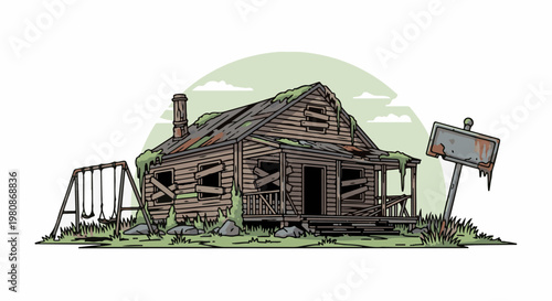 An abandoned wooden cabin with a broken sign and a swing set