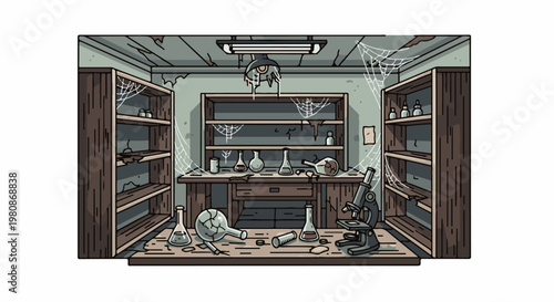 An abandoned science laboratory filled with dusty equipment and cobwebs