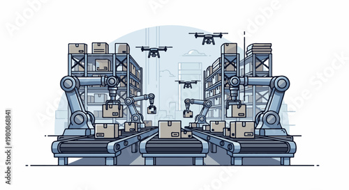 Automated warehouse with robots and drones handling packages on conveyor belts