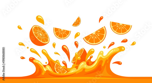 Vibrant Orange Juice Splash with Fresh Fruit Slices.