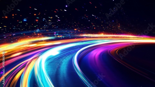 A vibrant and dynamic nighttime highway scene with colorful light trails and a dark starry sky