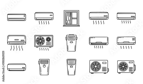 A collection of air conditioner icons in a flat line art style
