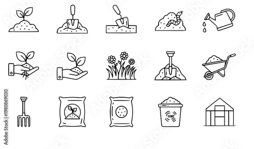 A set of minimalist line art icons depicting gardening tools and activities