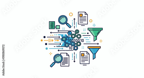 Abstract graphic illustrating data processing, analysis, and filtering with binary code